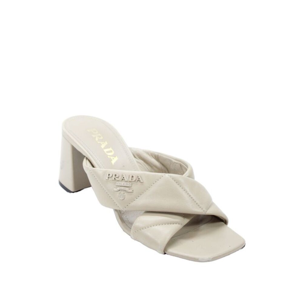 Prada Womens Quilted Lambskin Crisscross Slide Sandals Beige Size 6